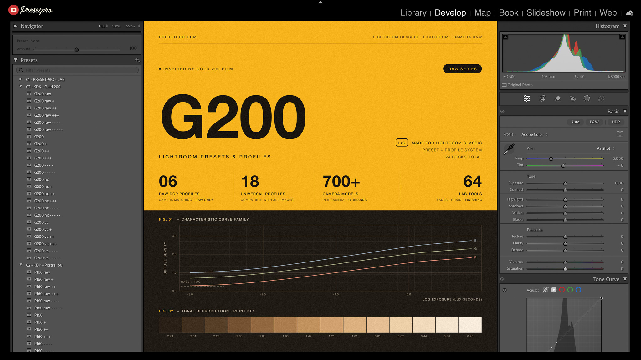 The RAW Series G200 cover open in Lightroom Classic with the Gold 200 preset group expanded on all 24 looks