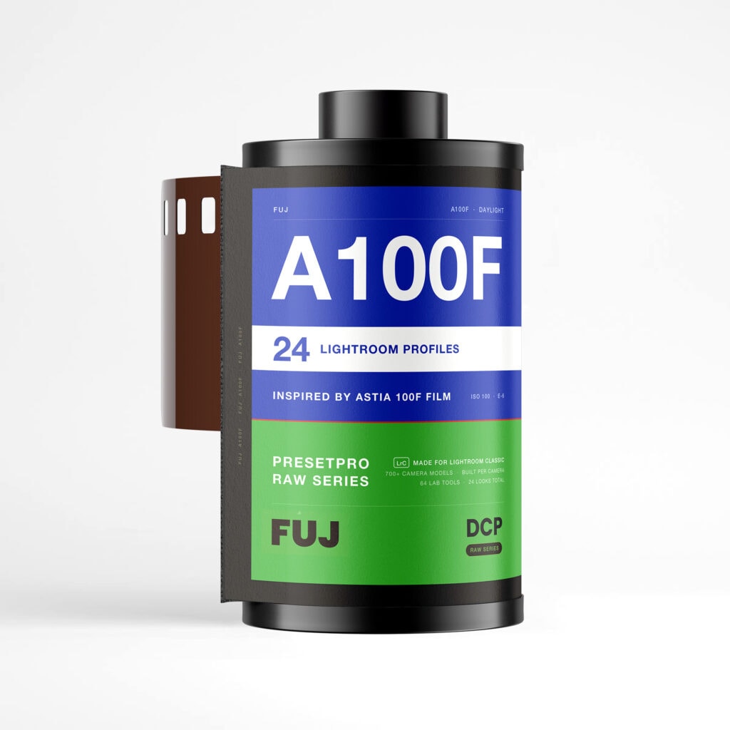 RAW Series A100F film canister with a blue, white and green label: Astia 100F inspired Lightroom presets and DCP camera profiles for Lightroom Classic
