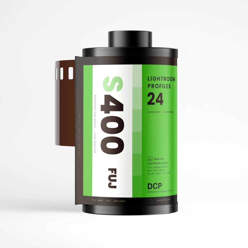 A 35mm film canister with a green RAW Series S400 label reading 24 Lightroom profiles, 6 RAW DCP and 18 universal, made for Lightroom Classic