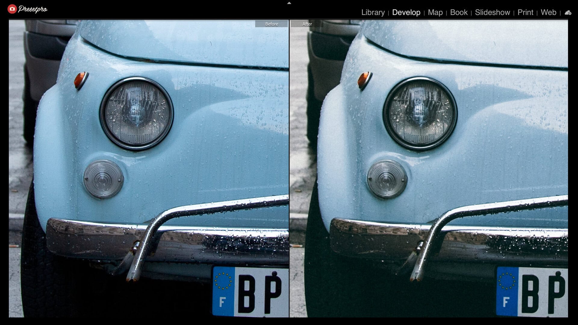 Before and after close crop of a vintage car headlight and chrome bumper in the rain with the S400 raw look, the road behind dropping darker