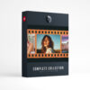 Film Frame Templates Complete Set product box: a portrait of a woman with long wavy auburn hair against a blue sky in the middle frame of an orange color negative strip, above the words Complete Collection, film frame pack for Photoshop