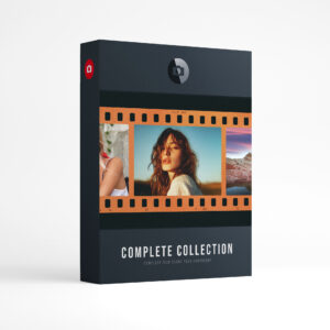 Film Frame Templates Complete Set product box: a portrait of a woman with long wavy auburn hair against a blue sky in the middle frame of an orange color negative strip, above the words Complete Collection, film frame pack for Photoshop