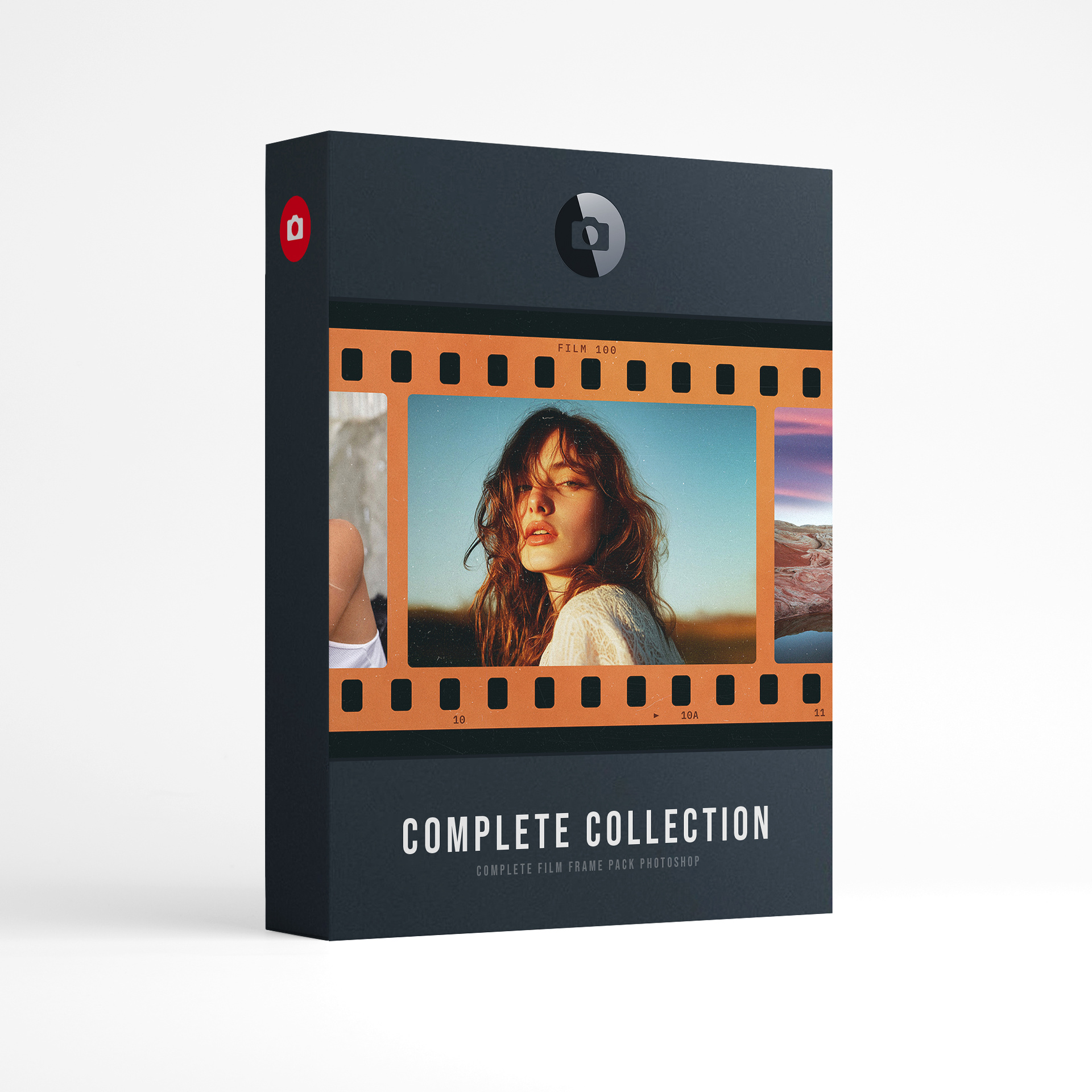Film Frame Templates Complete Set product box: a portrait of a woman with long wavy auburn hair against a blue sky in the middle frame of an orange color negative strip, above the words Complete Collection, film frame pack for Photoshop