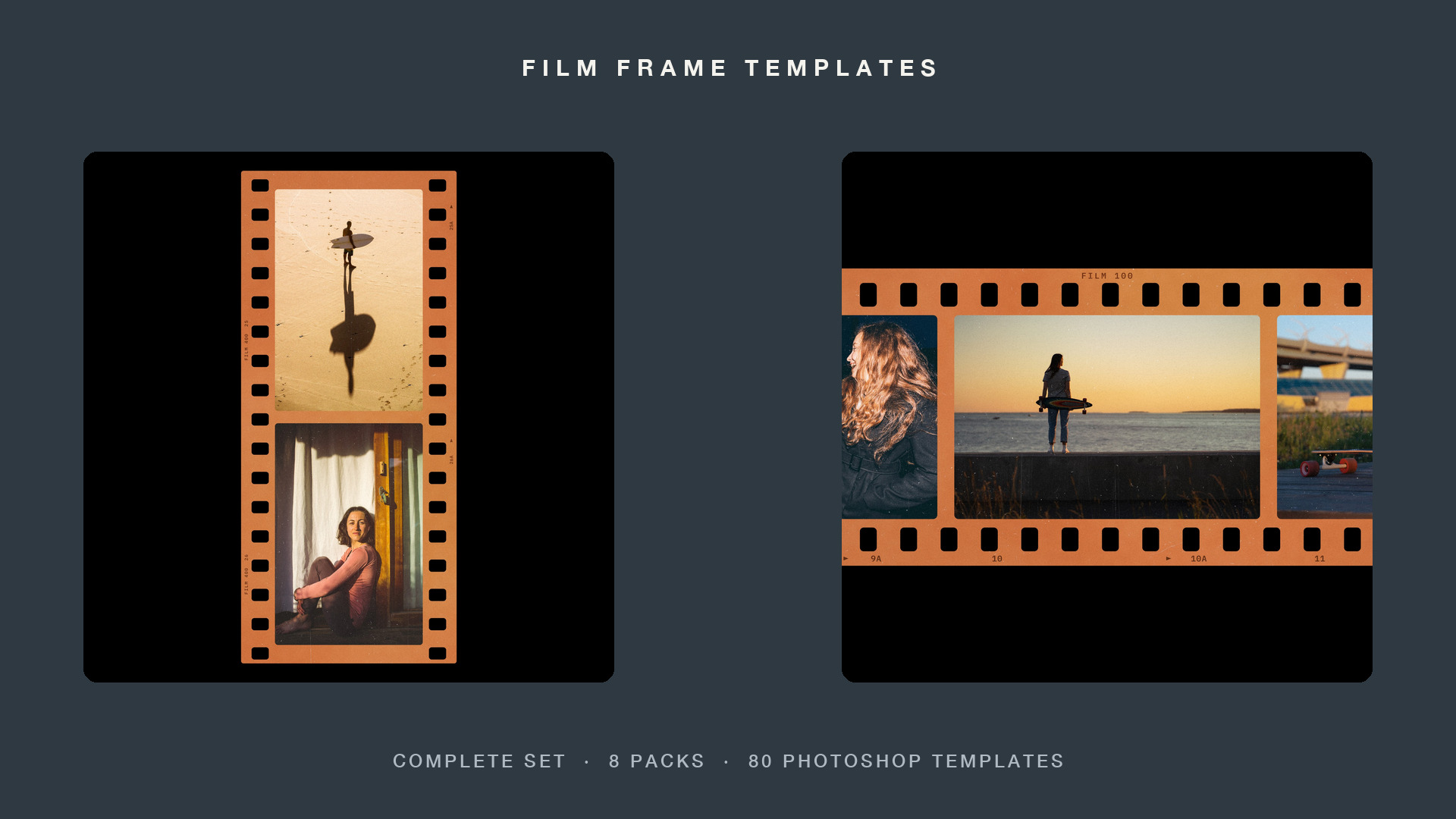 Two film frame templates for Photoshop, a color negative strip and a 35mm negative frame, with demo photos