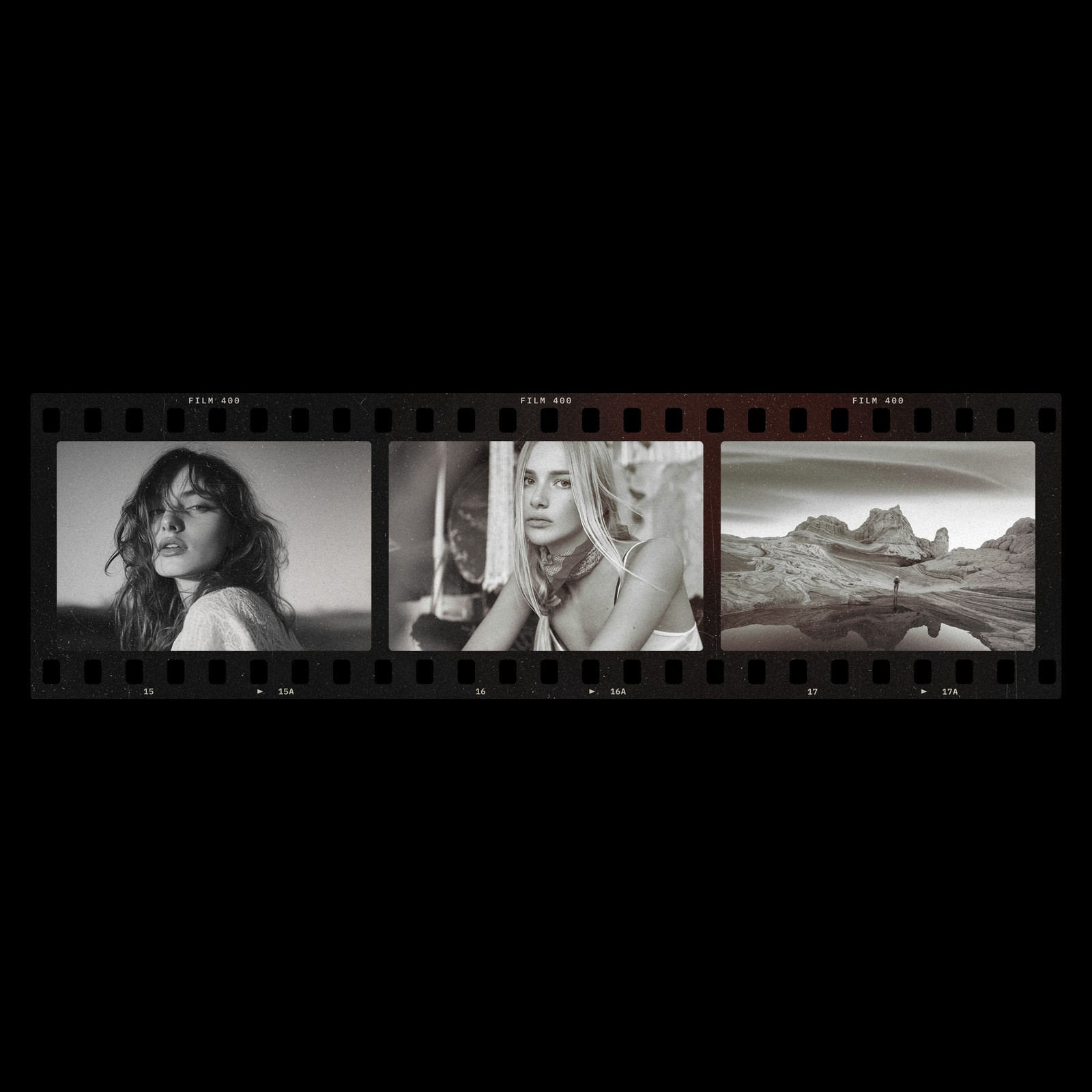 The 35mm Strip Photoshop template from Film Frame Templates Pack 01, Essentials, shown with demo photos in its frames