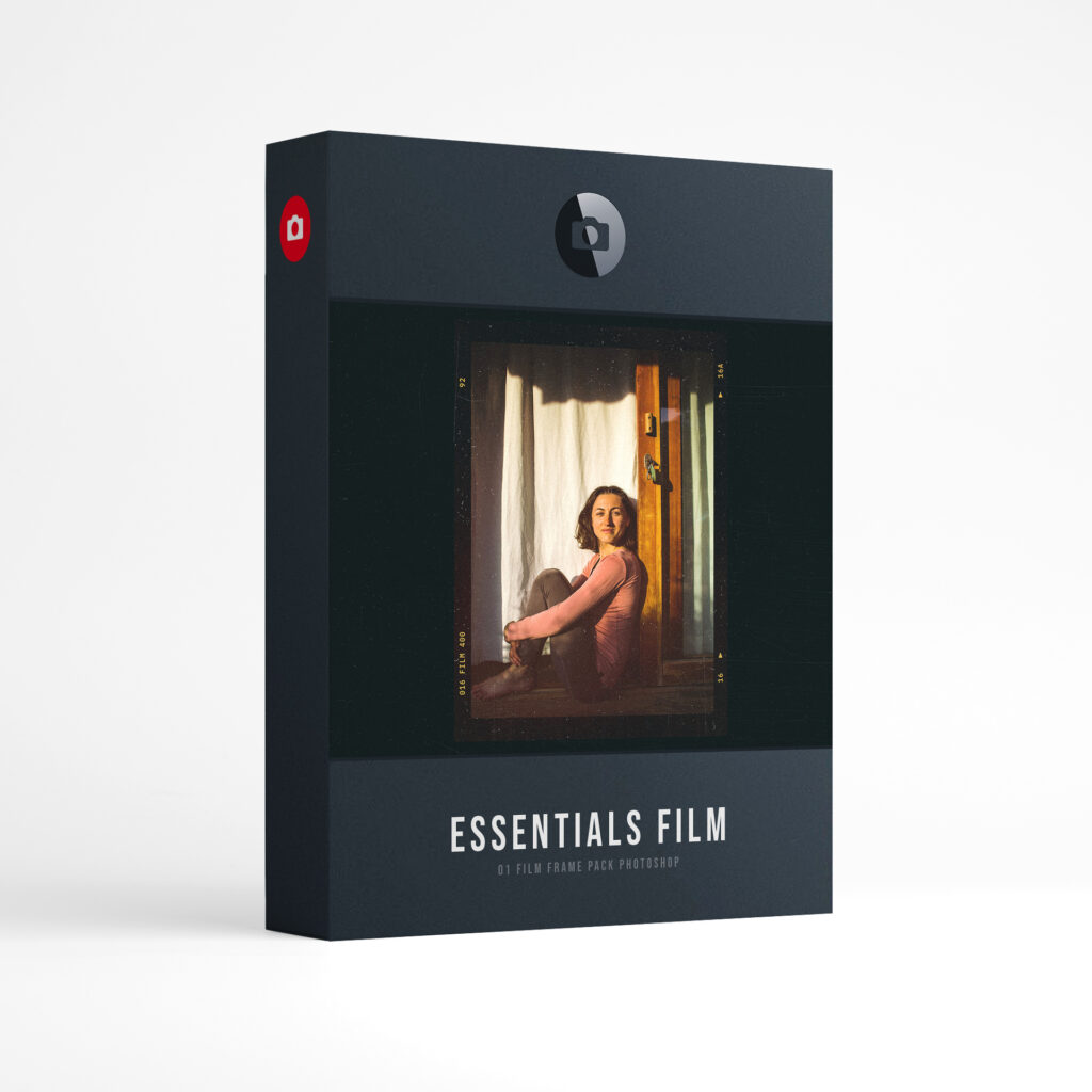 Film Frame Templates Pack 01: Essentials product box: a woman sitting by a white curtain and a wooden door in a 35mm film frame, above the words Essentials Film, film frame pack for Photoshop