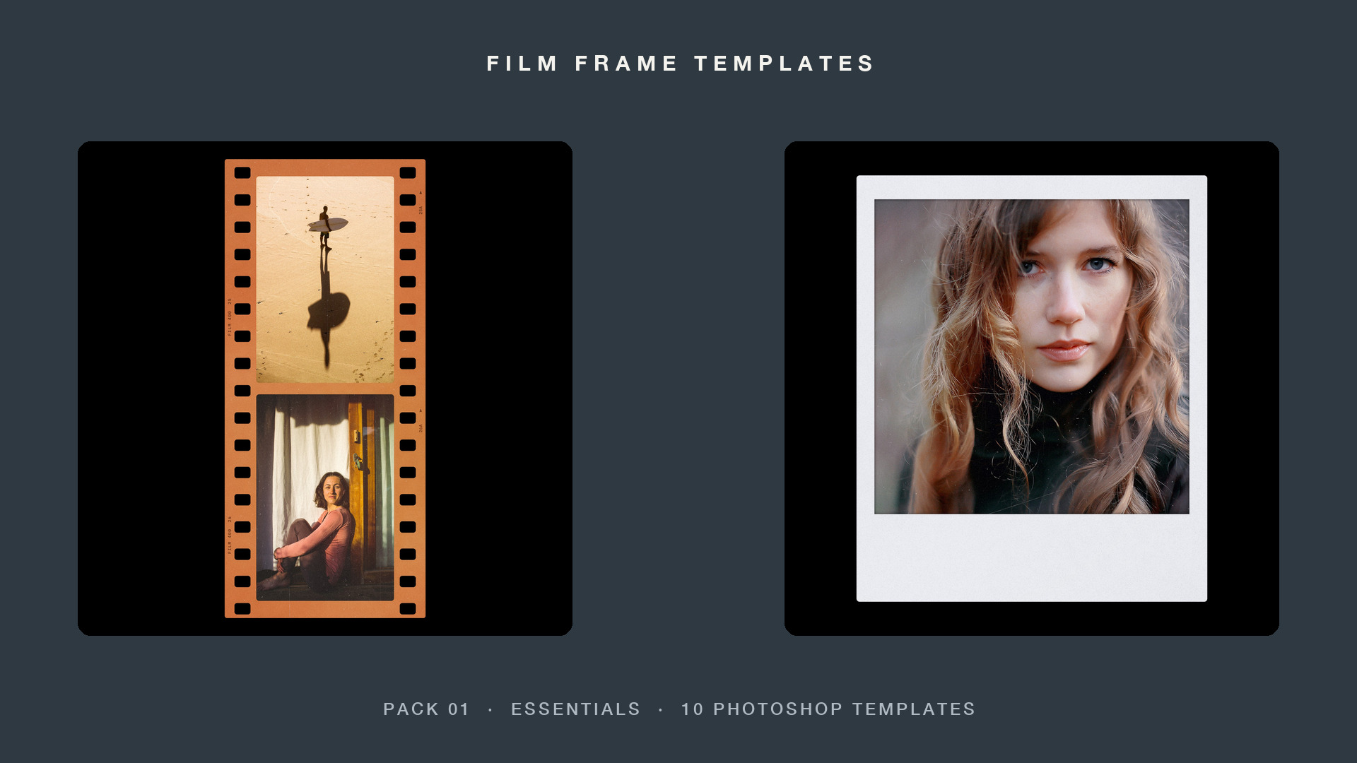 The 35mm Color Negative and Instant Square Photoshop templates from Pack 01, Essentials, with demo photos