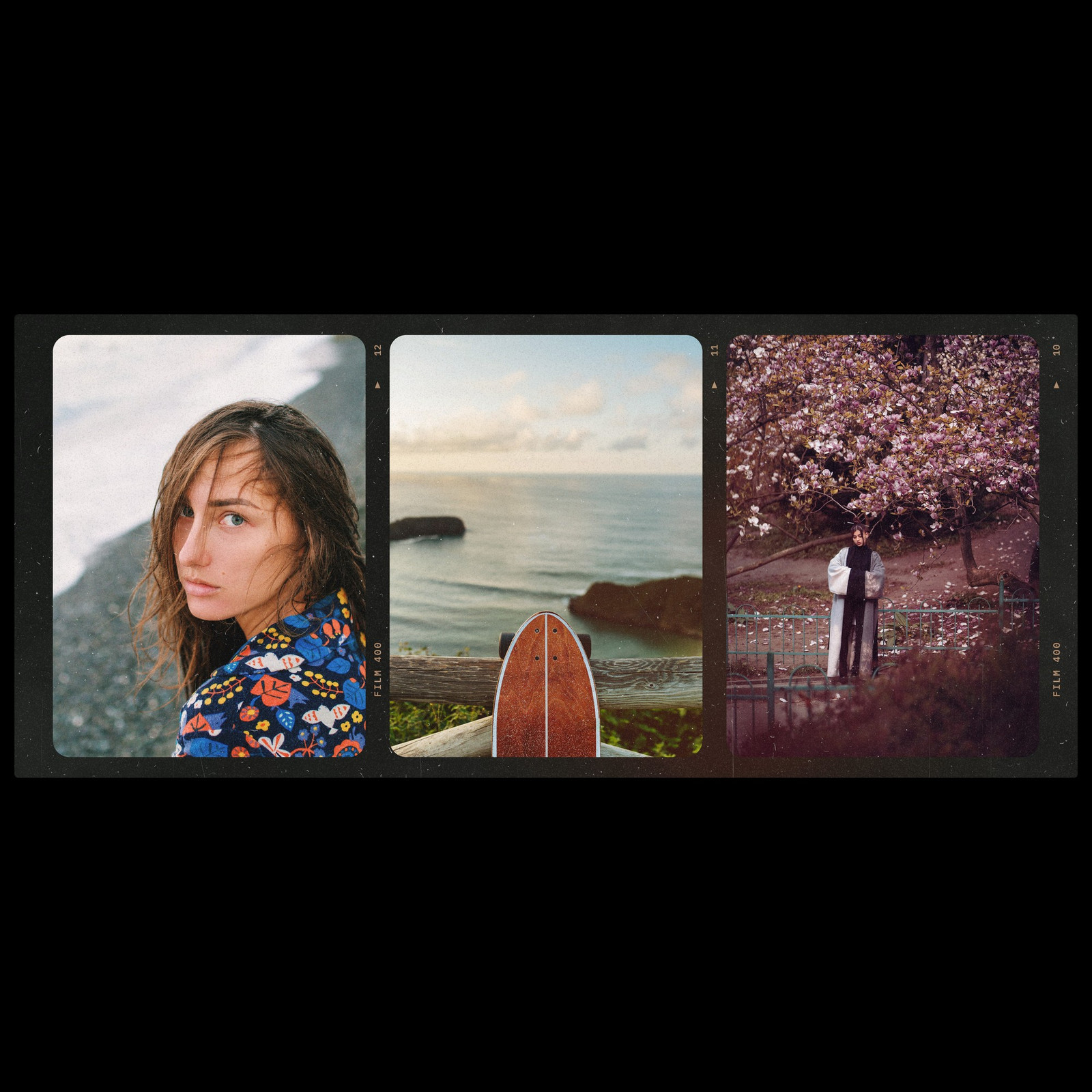 The Medium Format 645 Strip Photoshop template from Film Frame Templates Pack 01, Essentials, shown with demo photos in its frames