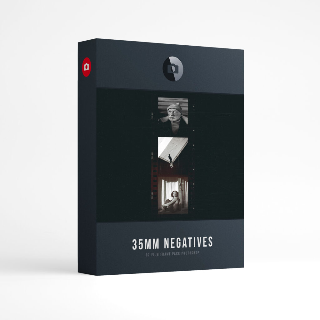 Film Frame Templates Pack 02: 35mm Negatives product box: a black and white 35mm negative strip with a portrait of an older man in a knit beanie, a figure with a long shadow and a woman by a curtain, above the words 35mm Negatives, film frame pack for Photoshop