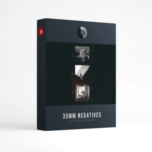 Film Frame Templates Pack 02: 35mm Negatives product box: a black and white 35mm negative strip with a portrait of an older man in a knit beanie, a figure with a long shadow and a woman by a curtain, above the words 35mm Negatives, film frame pack for Photoshop