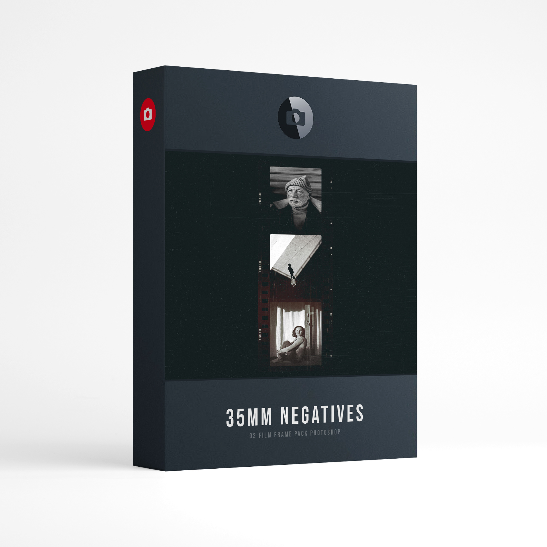 Film Frame Templates Pack 02: 35mm Negatives product box: a black and white 35mm negative strip with a portrait of an older man in a knit beanie, a figure with a long shadow and a woman by a curtain, above the words 35mm Negatives, film frame pack for Photoshop