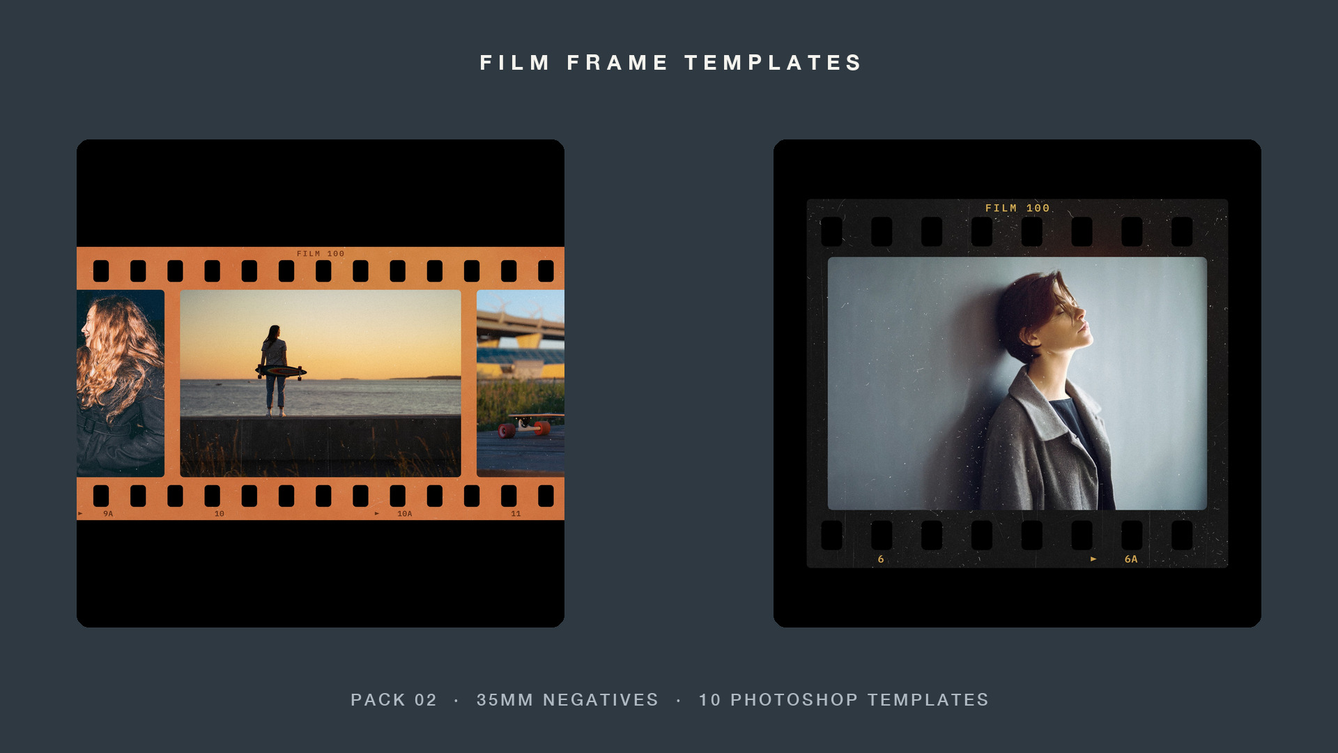 The Color Negative Frame and 35mm Landscape Frame Photoshop templates from Pack 02, 35mm Negatives, with demo photos