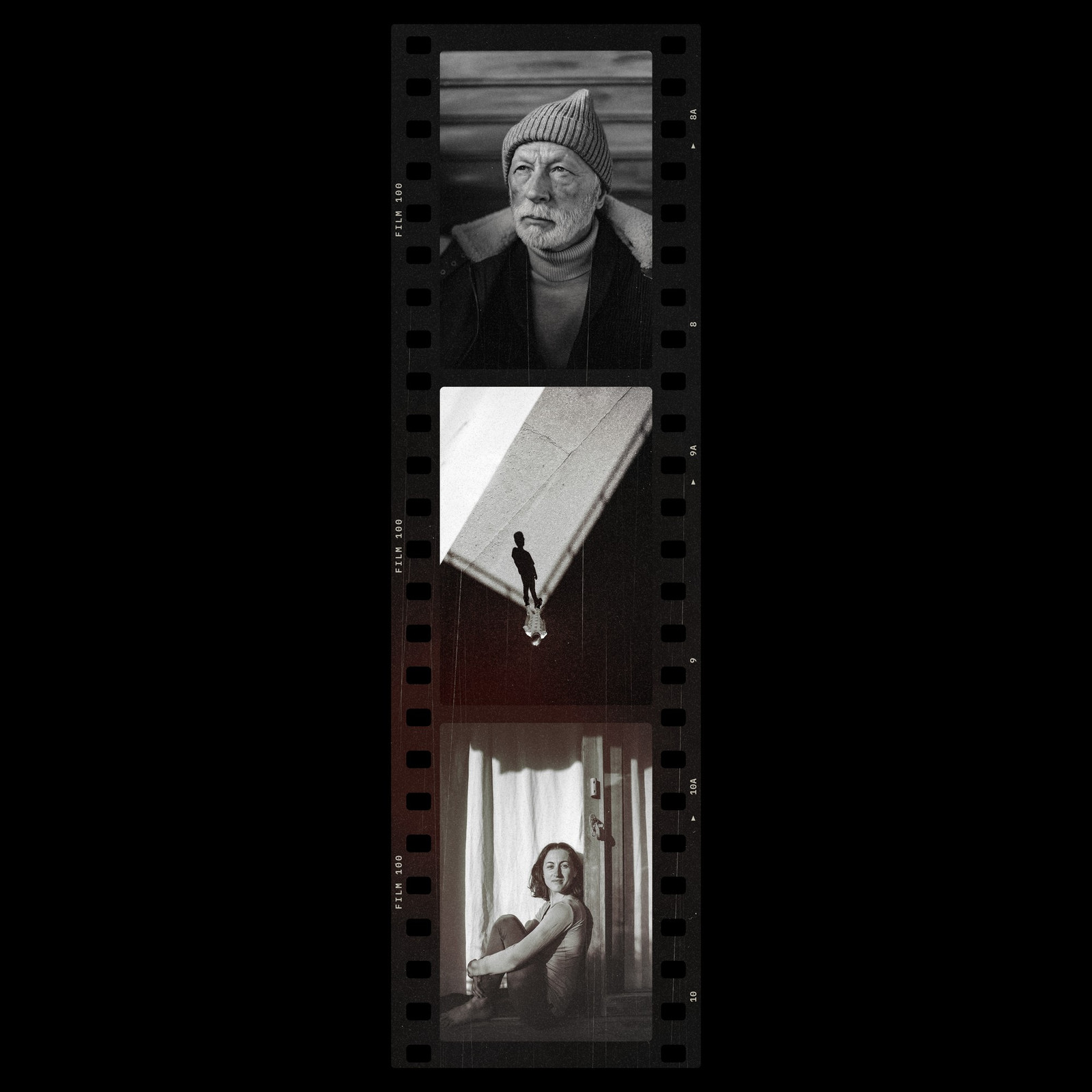 The B&W Strip Vertical Photoshop template from Film Frame Templates Pack 02, 35mm Negatives, shown with demo photos in its frames
