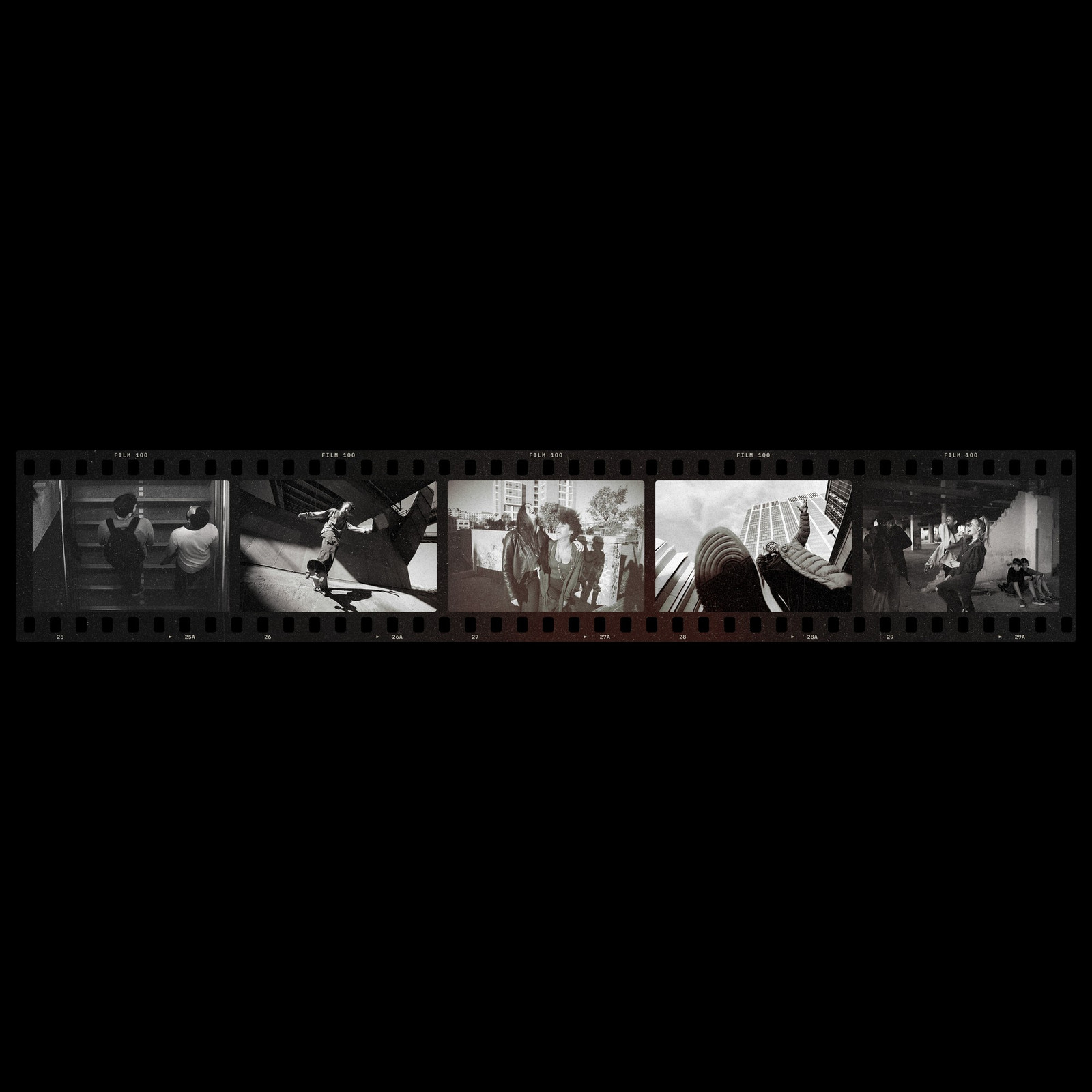 The B&W Strip of Five Photoshop template from Film Frame Templates Pack 02, 35mm Negatives, shown with demo photos in its frames