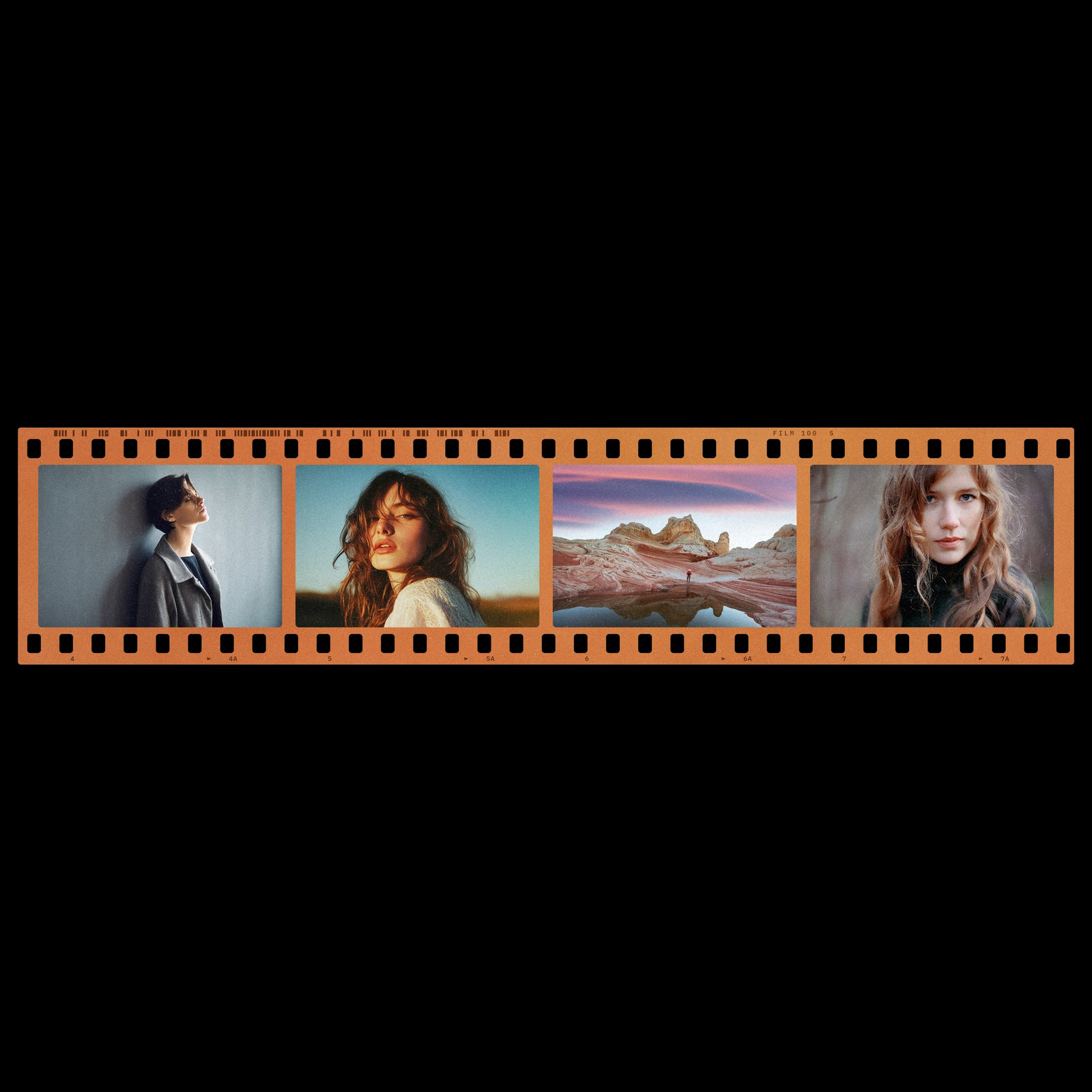 The Color Negative Strip Photoshop template from Film Frame Templates Pack 02, 35mm Negatives, shown with demo photos in its frames