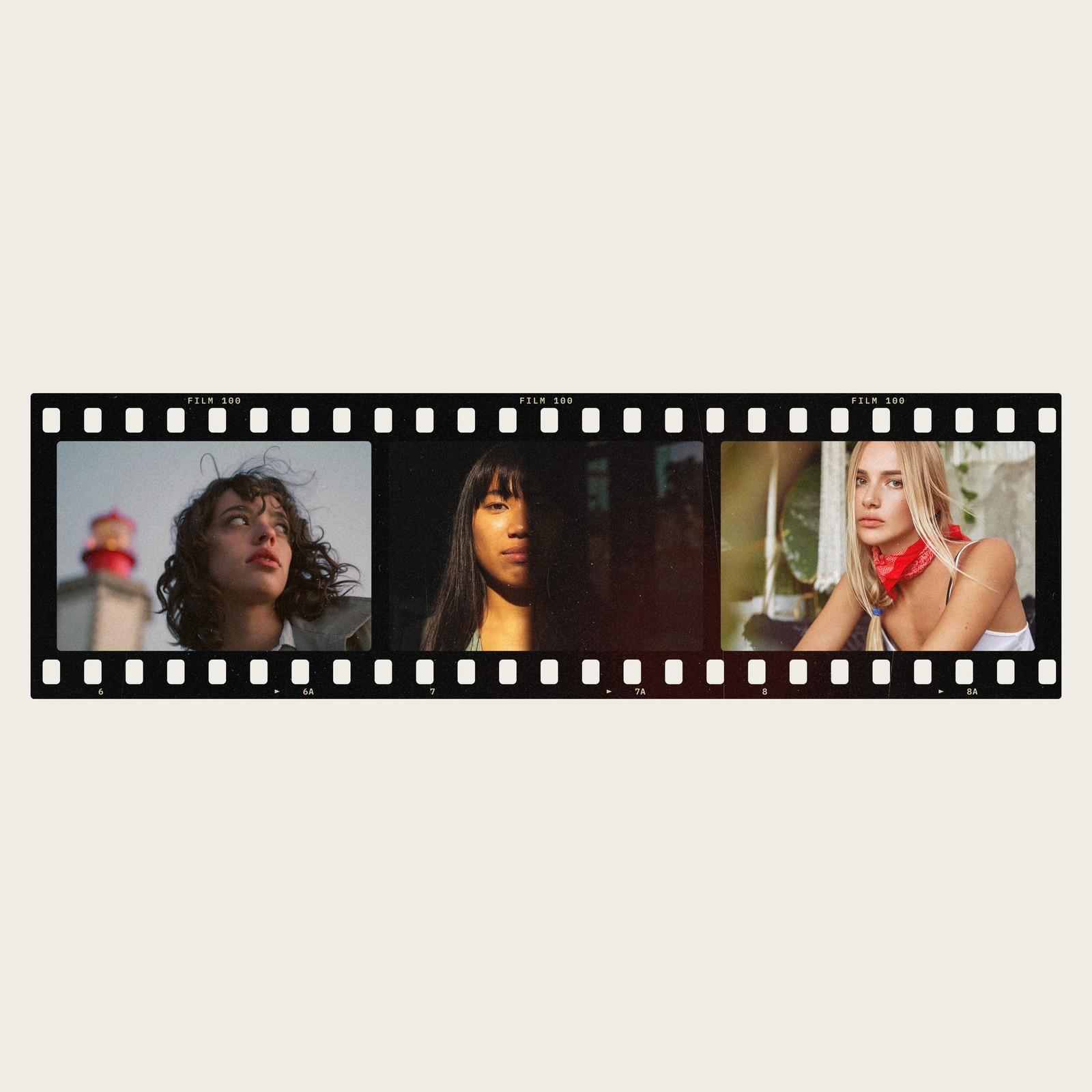 The Slide Film Strip Photoshop template from Film Frame Templates Pack 02, 35mm Negatives, shown with demo photos in its frames