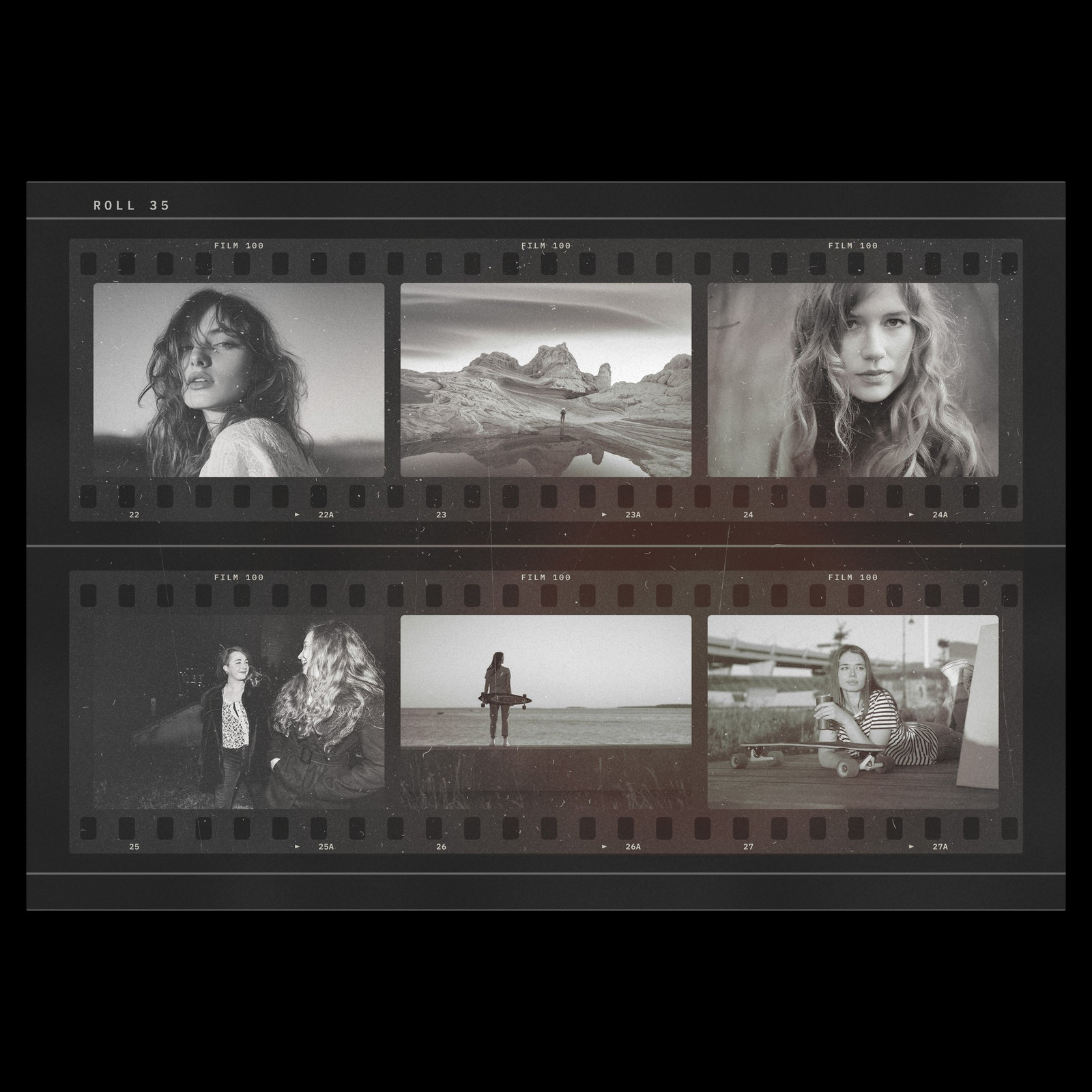 The Strips in Sleeve Photoshop template from Film Frame Templates Pack 02, 35mm Negatives, shown with demo photos in its frames
