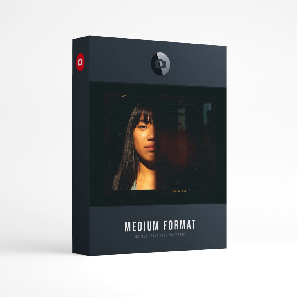 Film Frame Templates Pack 03: Medium Format product box: a portrait of a woman with long dark hair, half her face in shadow, in a medium format frame, above the words Medium Format, film frame pack for Photoshop