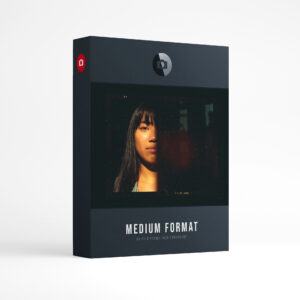 Film Frame Templates Pack 03: Medium Format product box: a portrait of a woman with long dark hair, half her face in shadow, in a medium format frame, above the words Medium Format, film frame pack for Photoshop