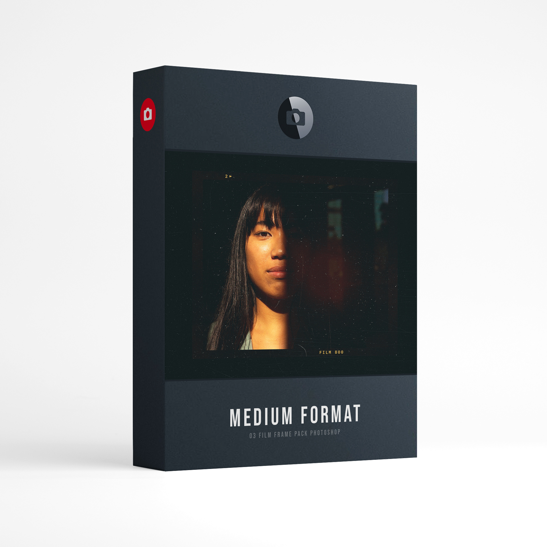 Film Frame Templates Pack 03: Medium Format product box: a portrait of a woman with long dark hair, half her face in shadow, in a medium format frame, above the words Medium Format, film frame pack for Photoshop