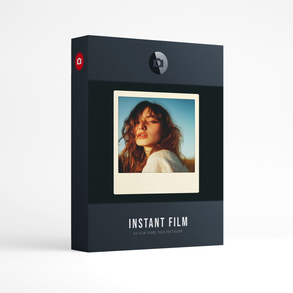Film Frame Templates Pack 04: Instant product box: a woman with wavy auburn hair against a blue sky in a cream instant print, above the words Instant Film, film frame pack for Photoshop