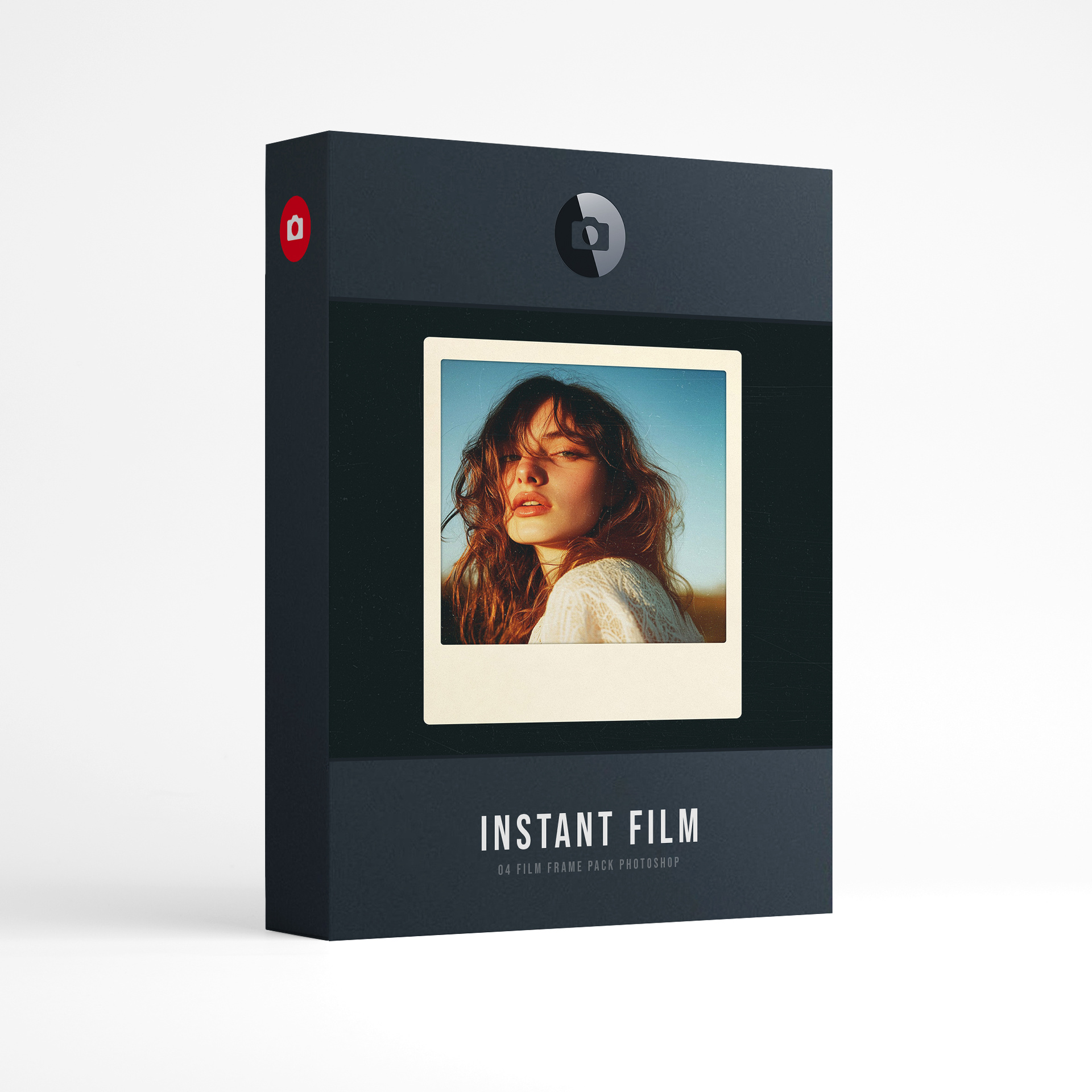 Film Frame Templates Pack 04: Instant product box: a woman with wavy auburn hair against a blue sky in a cream instant print, above the words Instant Film, film frame pack for Photoshop