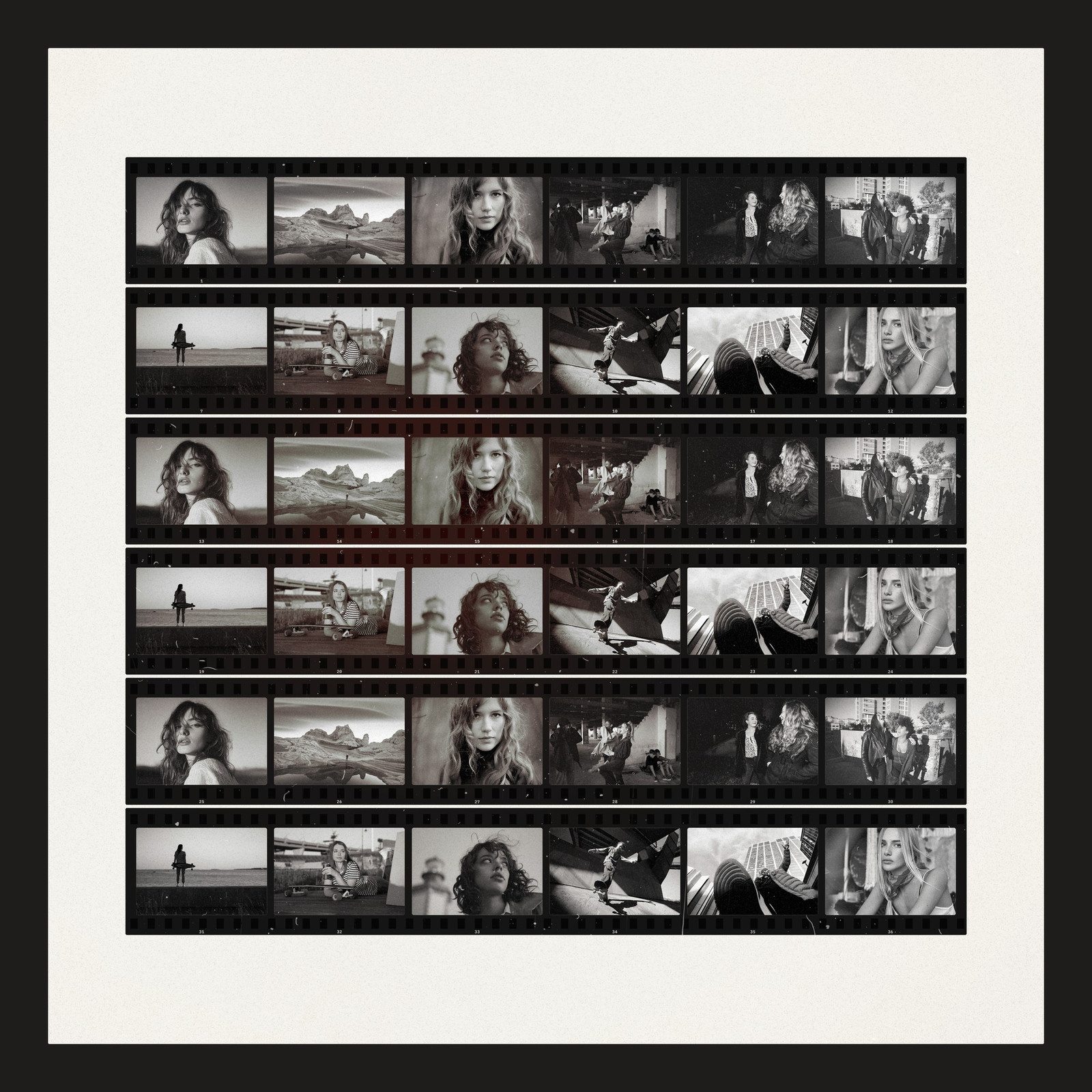 The 35mm Contact Sheet Photoshop template from Film Frame Templates Pack 05, Darkroom & Prints, shown with demo photos in its frames