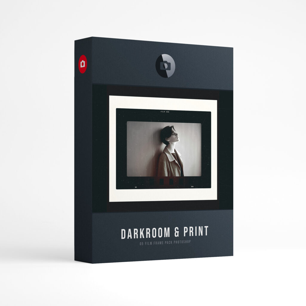Film Frame Templates Pack 05: Darkroom & Prints product box: a black and white portrait of a woman in a coat leaning against a wall, in a 35mm frame on a cream print, above the words Darkroom & Print, film frame pack for Photoshop