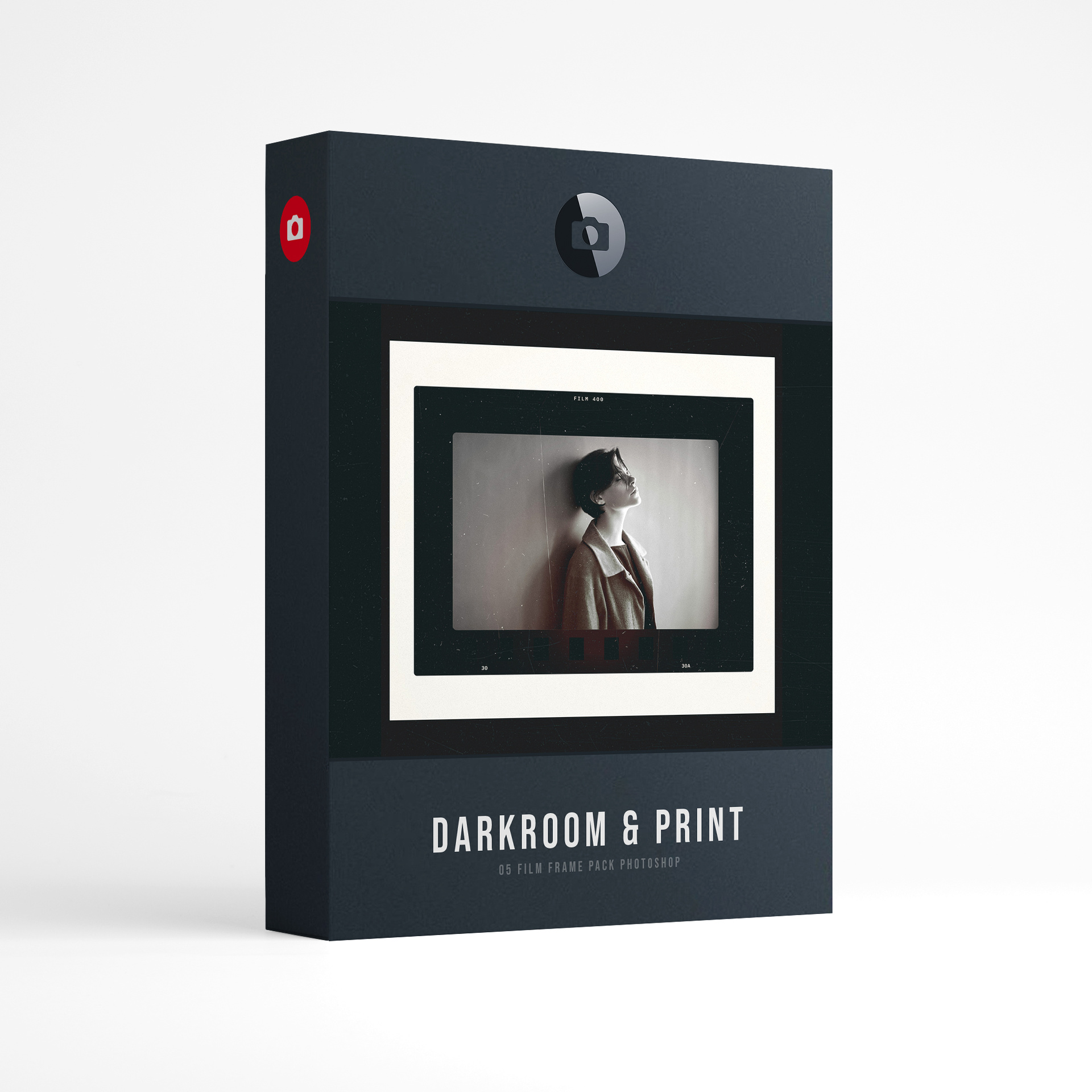 Film Frame Templates Pack 05: Darkroom & Prints product box: a black and white portrait of a woman in a coat leaning against a wall, in a 35mm frame on a cream print, above the words Darkroom & Print, film frame pack for Photoshop