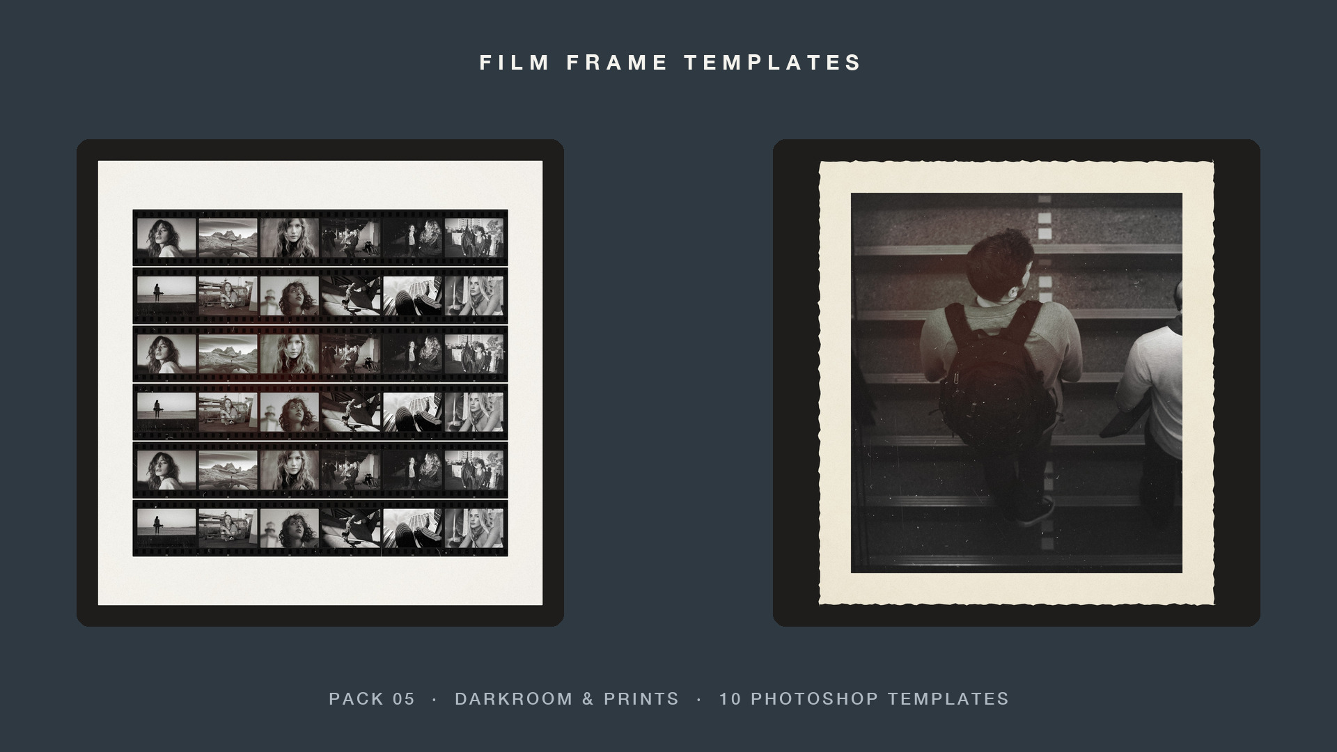 The 35mm Contact Sheet and Deckle Edge Print Photoshop templates from Pack 05, Darkroom & Prints, with demo photos