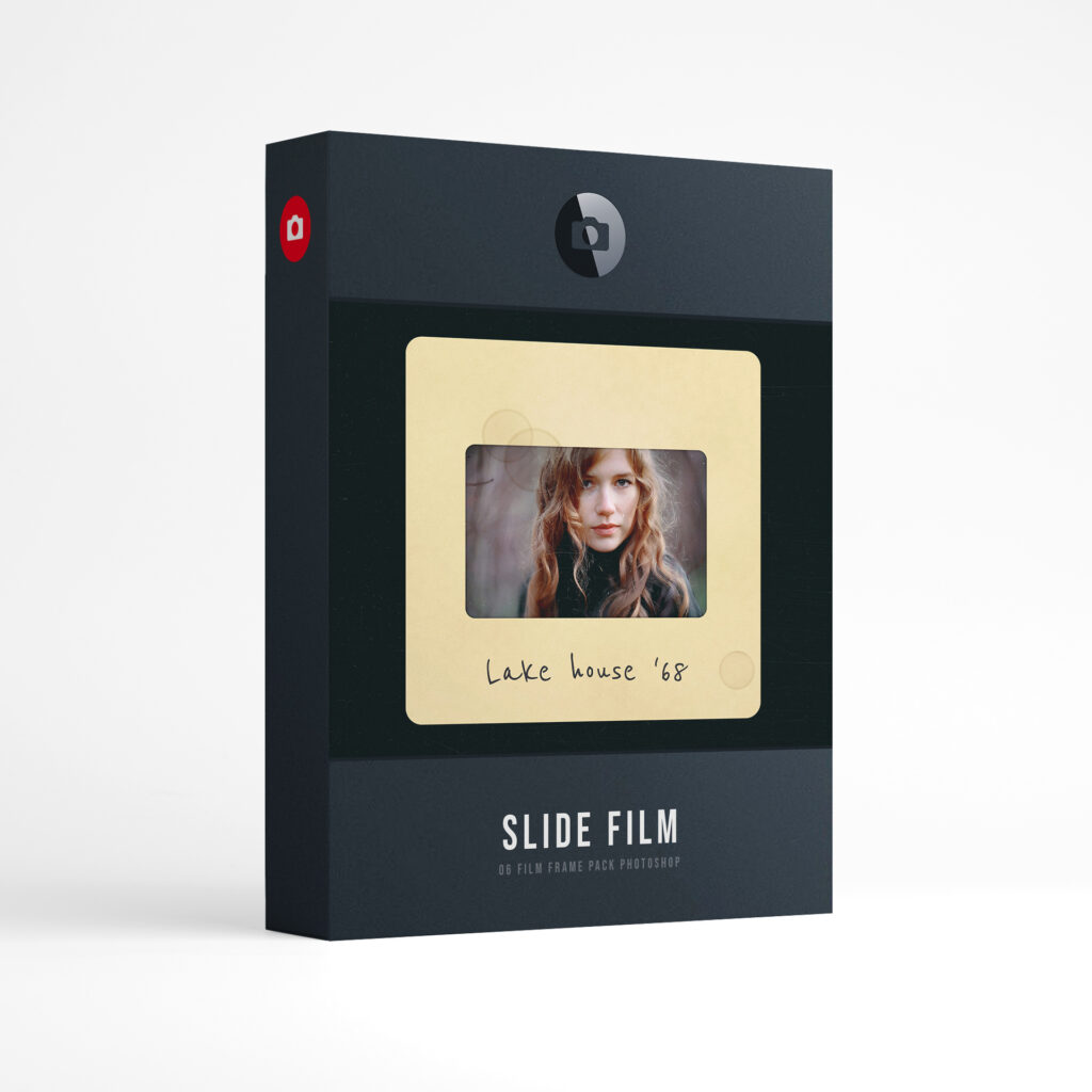 Film Frame Templates Pack 06: Slides product box: a woman with long red hair in a cream card slide mount handwritten Lake house 68, above the words Slide Film, film frame pack for Photoshop