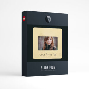 Film Frame Templates Pack 06: Slides product box: a woman with long red hair in a cream card slide mount handwritten Lake house 68, above the words Slide Film, film frame pack for Photoshop