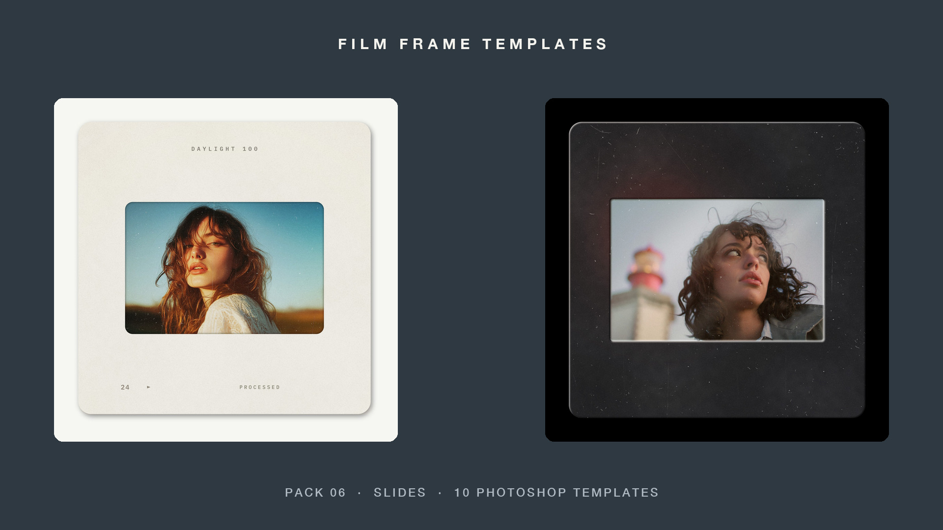 The Slide on Lightbox and Glass Mount Photoshop templates from Pack 06, Slides, with demo photos