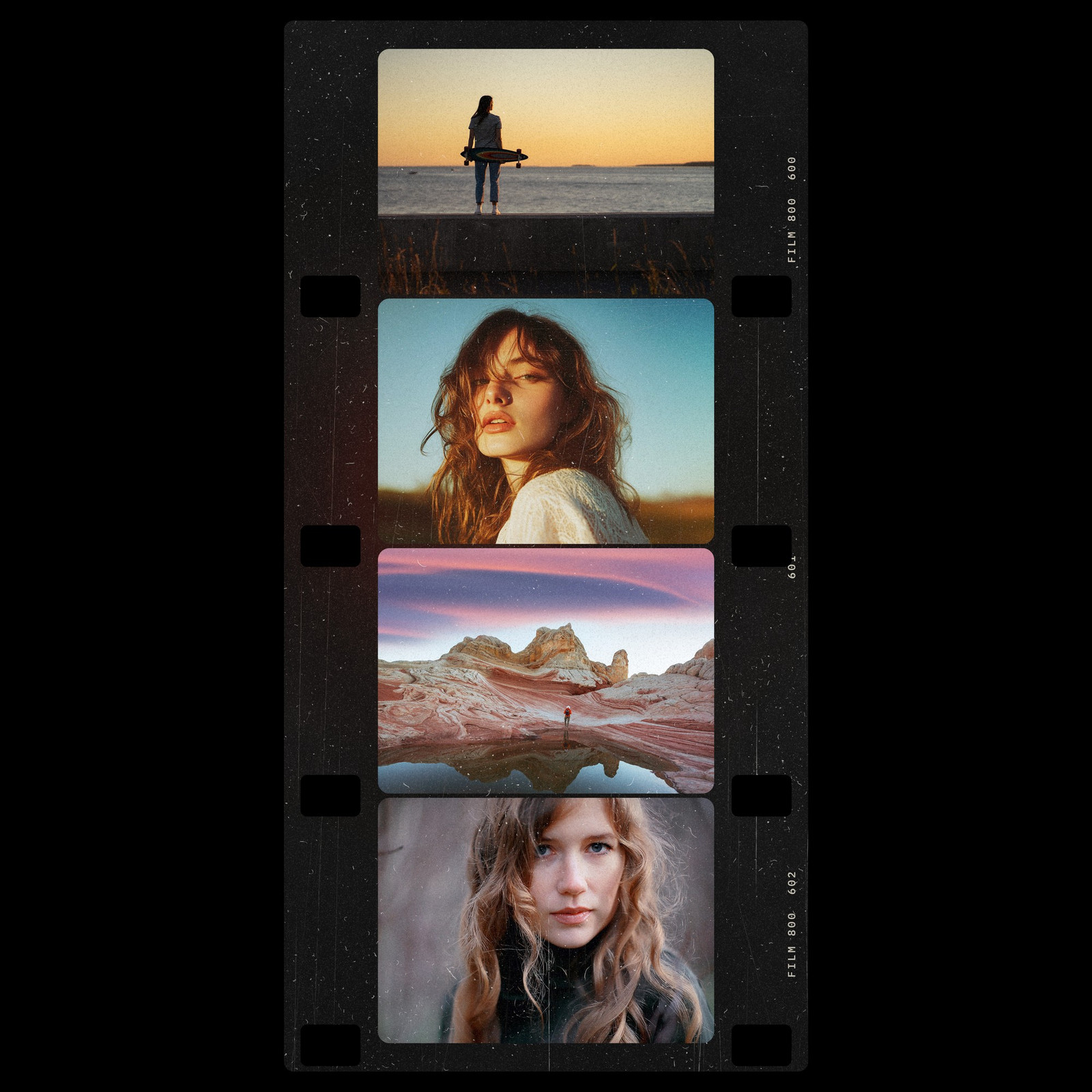 The 16mm Strip Photoshop template from Film Frame Templates Pack 07, Cinema, shown with demo photos in its frames