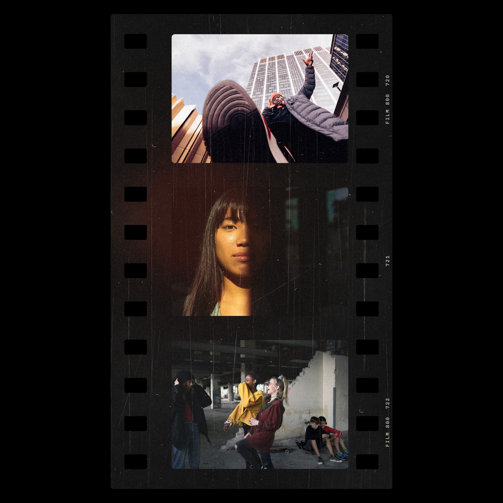 The 35mm Cine Strip Photoshop template from Film Frame Templates Pack 07, Cinema, shown with demo photos in its frames