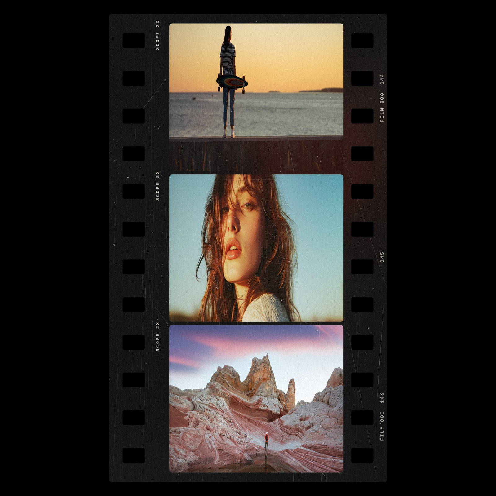 The Anamorphic Scope Photoshop template from Film Frame Templates Pack 07, Cinema, shown with demo photos in its frames