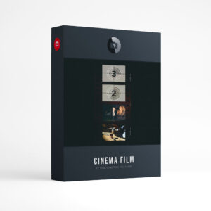 Film Frame Templates Pack 07: Cinema product box: a cinema film strip with countdown leader frames 3 and 2, two women walking and a skateboarder, above the words Cinema Film, film frame pack for Photoshop