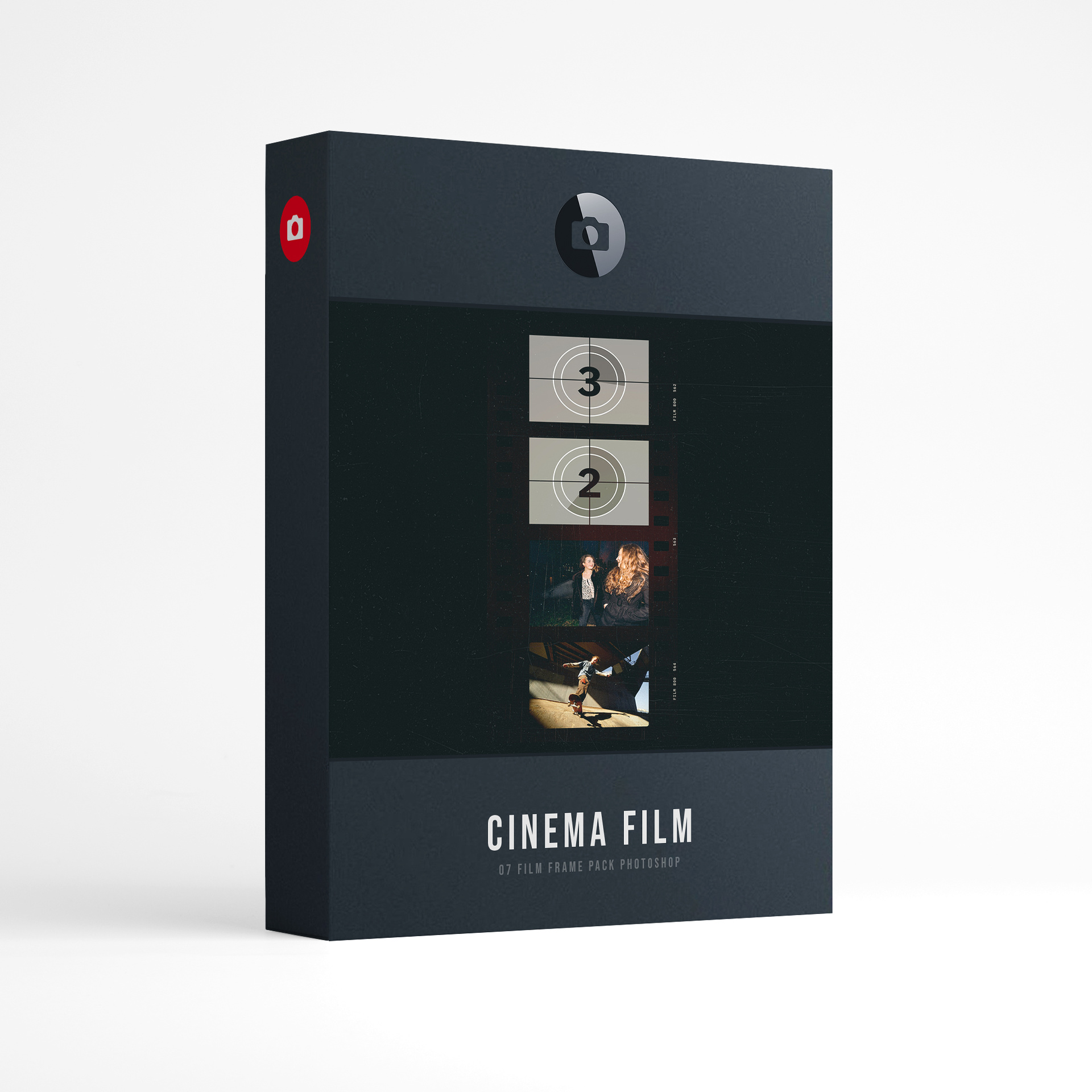 Film Frame Templates Pack 07: Cinema product box: a cinema film strip with countdown leader frames 3 and 2, two women walking and a skateboarder, above the words Cinema Film, film frame pack for Photoshop