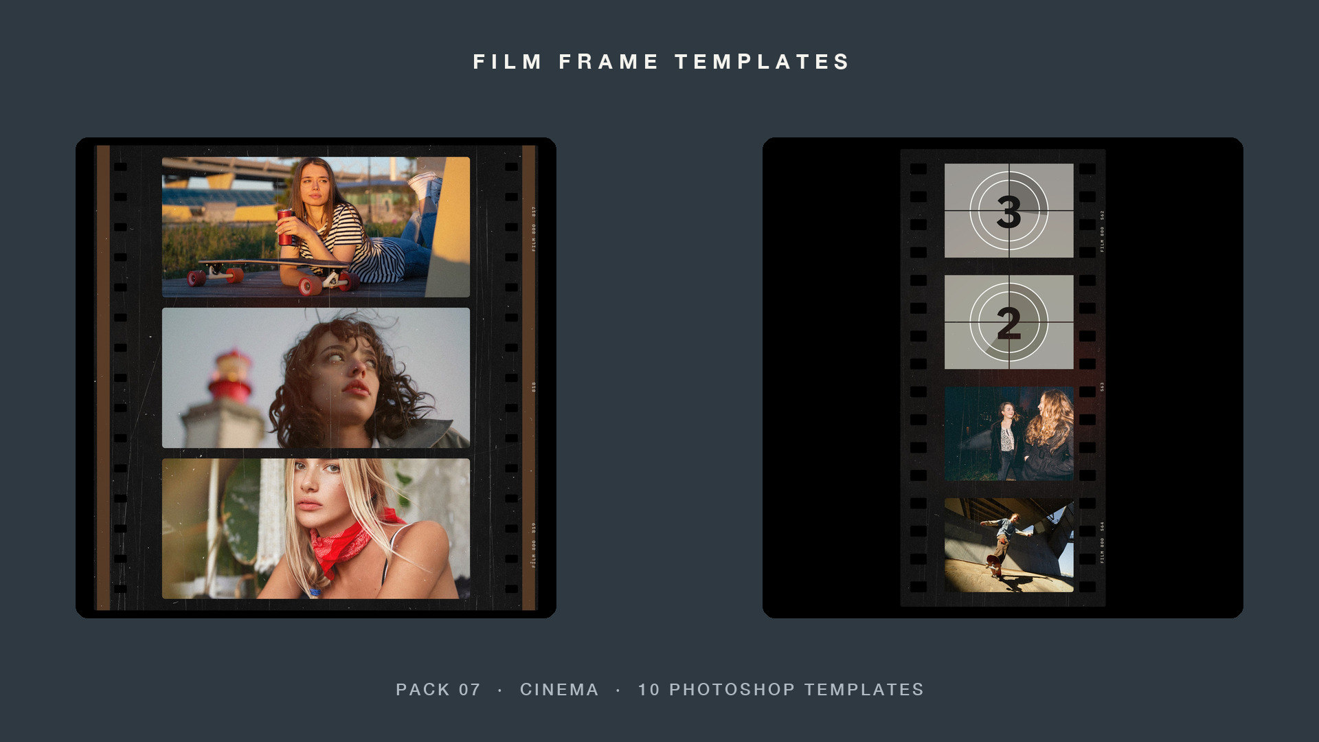The Wide 70mm and Countdown Leader Photoshop templates from Pack 07, Cinema, with demo photos