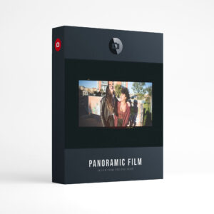 Film Frame Templates Pack 08: Panoramic & Large Format product box: two women laughing by a graffiti wall in a wide panoramic frame, above the words Panoramic Film, film frame pack for Photoshop