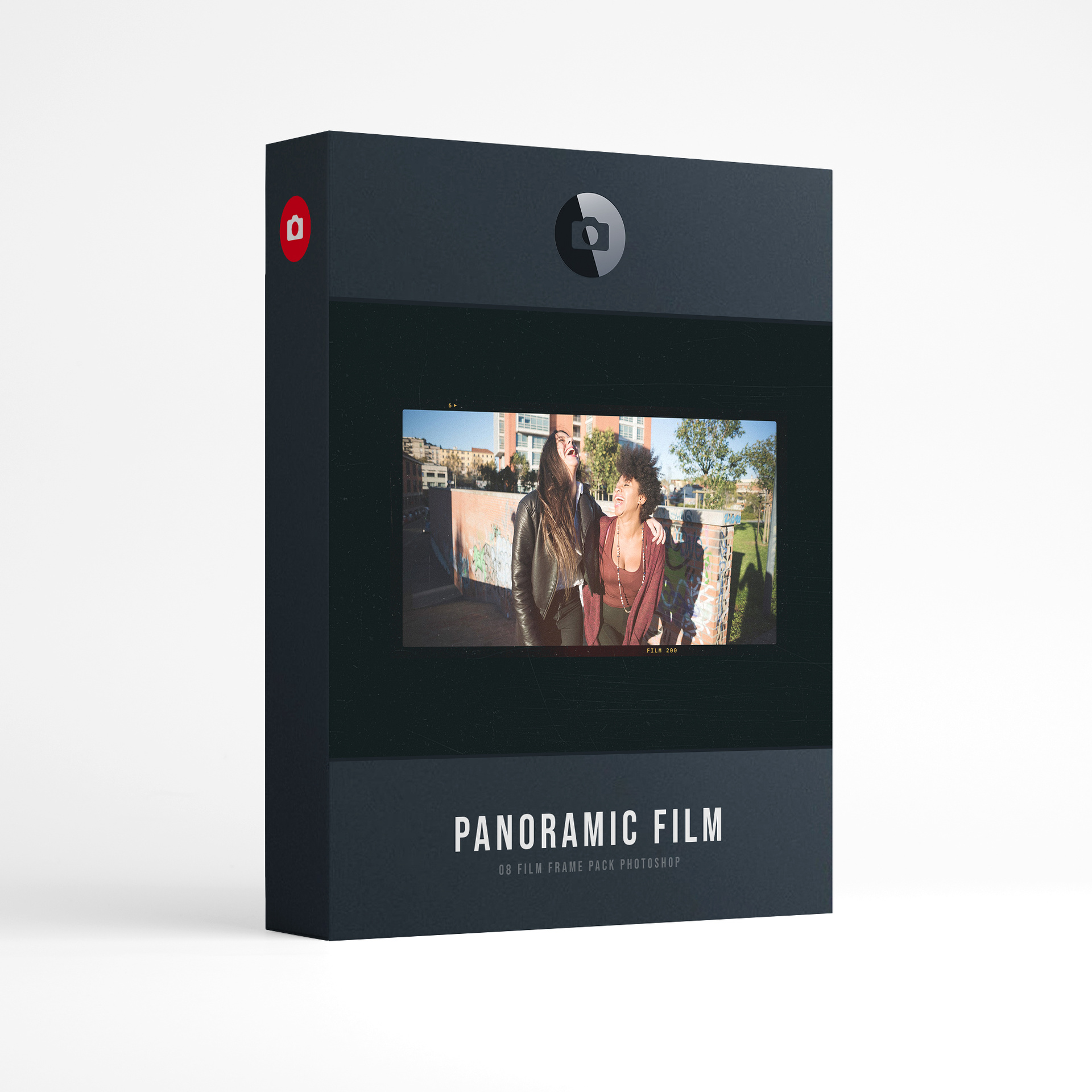 Film Frame Templates Pack 08: Panoramic & Large Format product box: two women laughing by a graffiti wall in a wide panoramic frame, above the words Panoramic Film, film frame pack for Photoshop