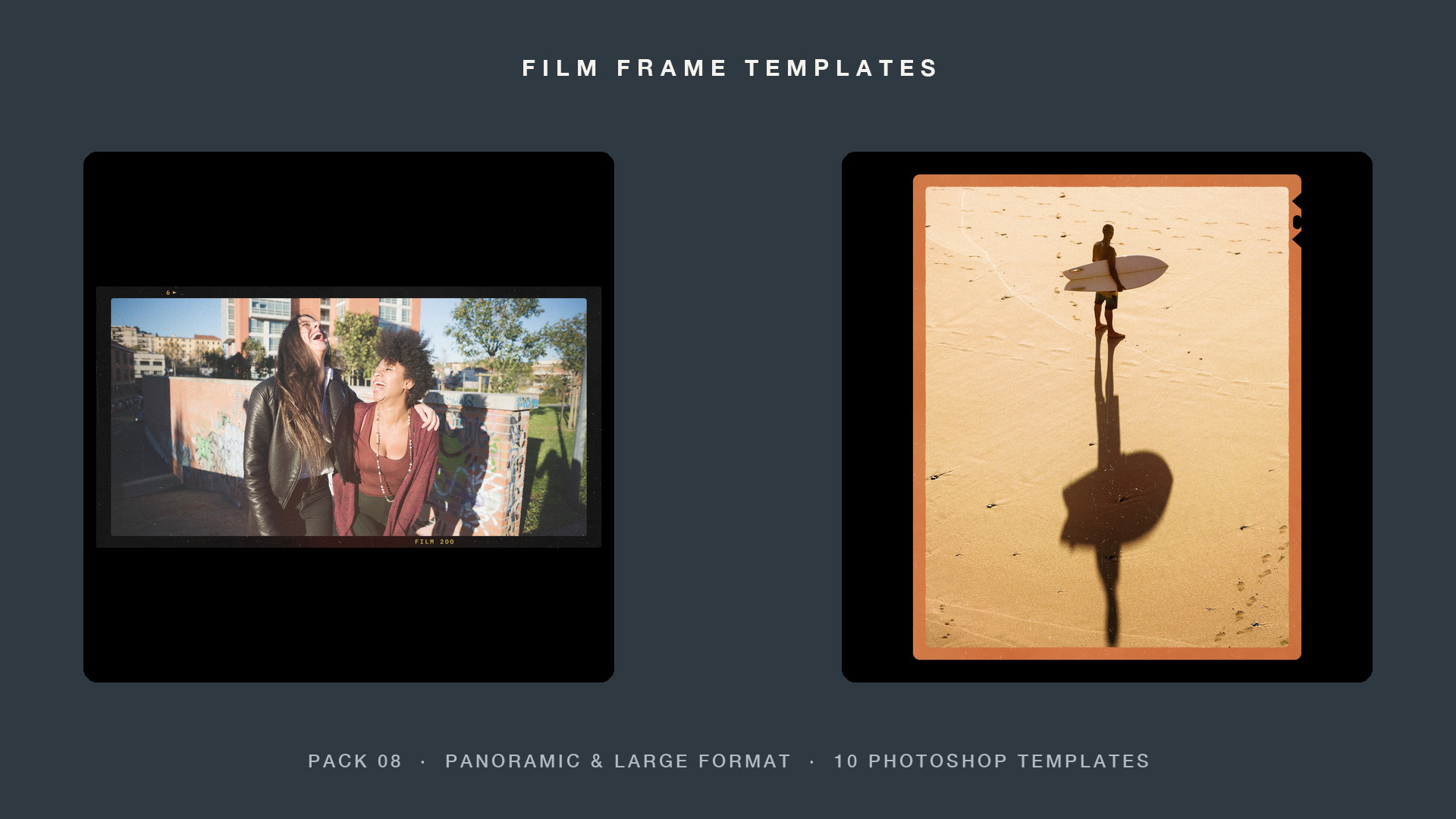 The 6x12 Panorama and 4x5 Color Negative Photoshop templates from Pack 08, Panoramic & Large Format, with demo photos