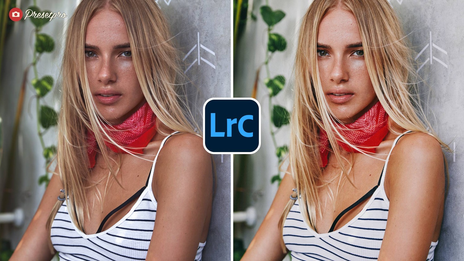 Before and after the Disposable 400 free Lightroom preset on a woman in a red bandana, with warmer, more golden skin and hair after the edit
