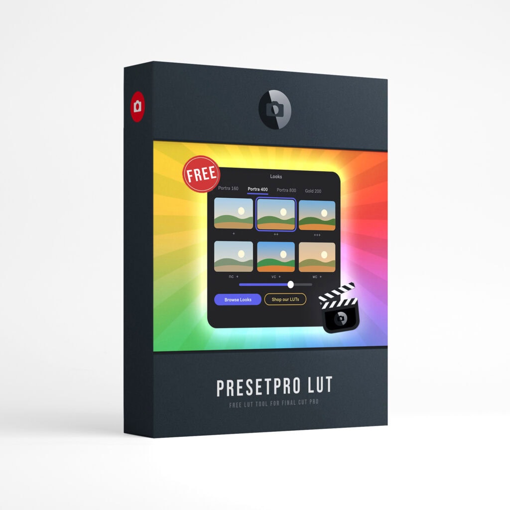Presetpro LUT product box, a free LUT tool for Final Cut Pro, showing the Looks window with the film pack tabs and a FREE sticker