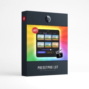 Presetpro LUT product box, a free LUT tool for Final Cut Pro, showing the Looks window with the film pack tabs and a FREE sticker