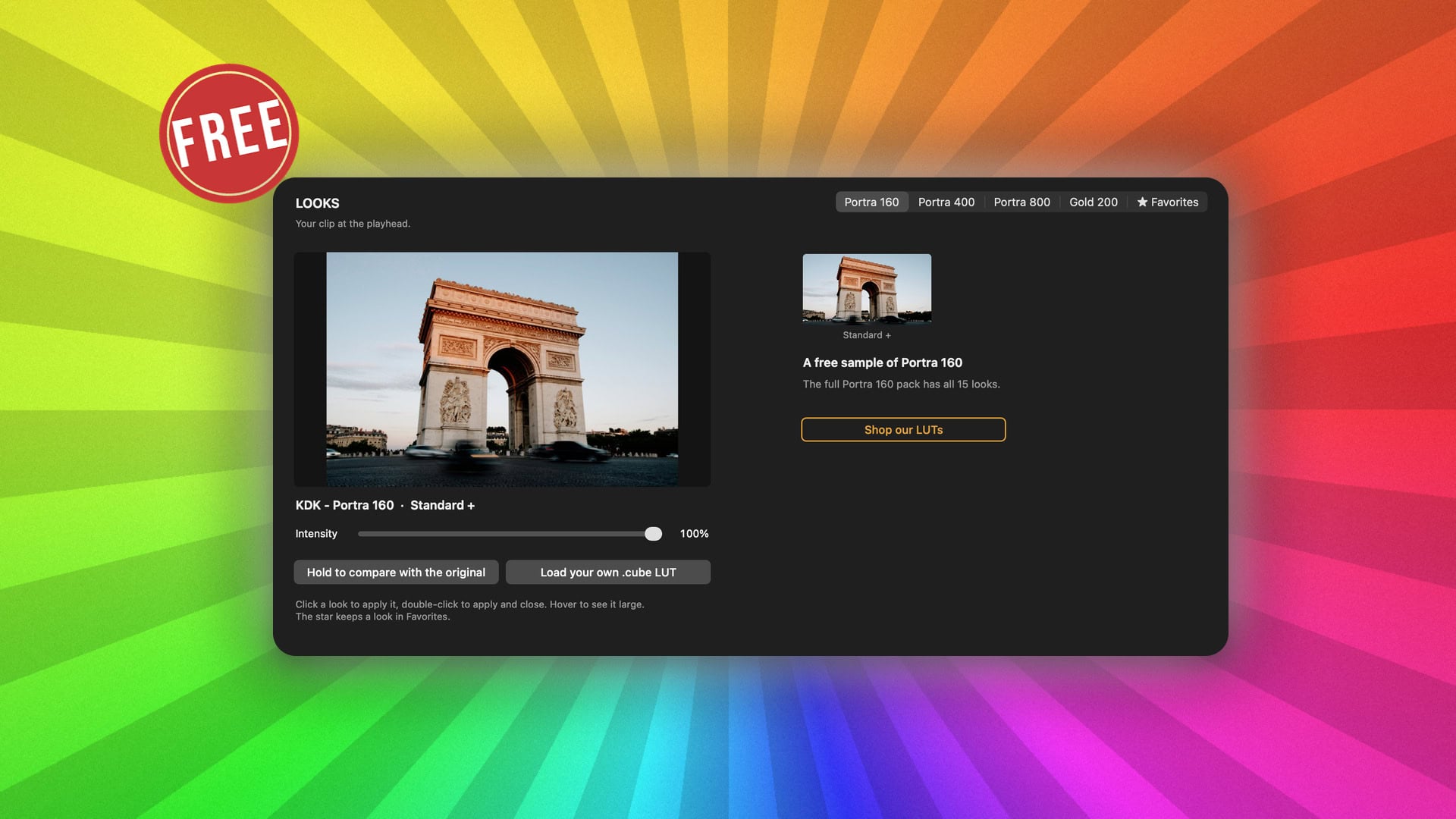 Presetpro LUT Looks window showing a free sample look inspired by Kodak Portra 160 film on a photo of the Arc de Triomphe, with a FREE sticker