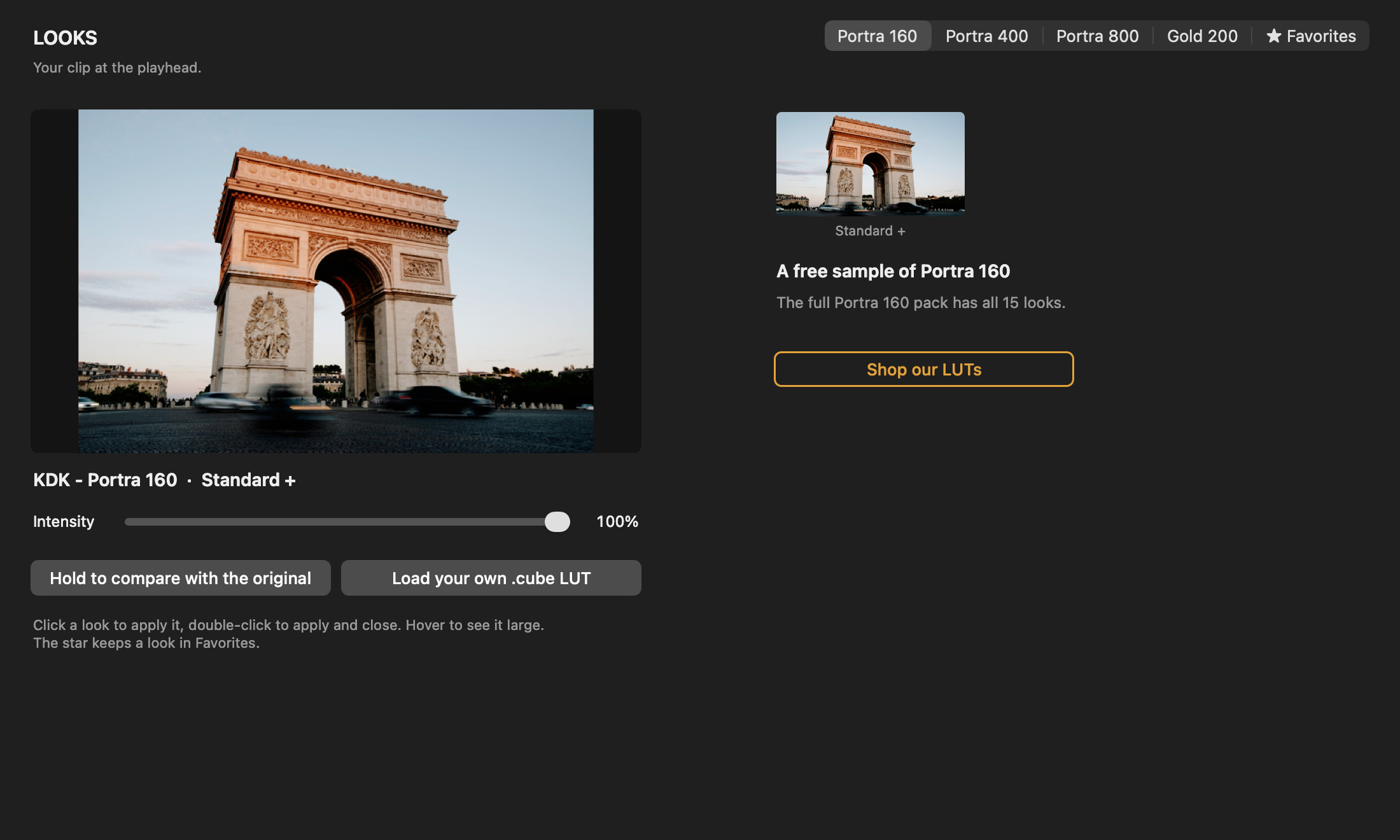 Presetpro LUT Looks window showing the free Portra 160 sample look on a photo of the Arc de Triomphe in Paris