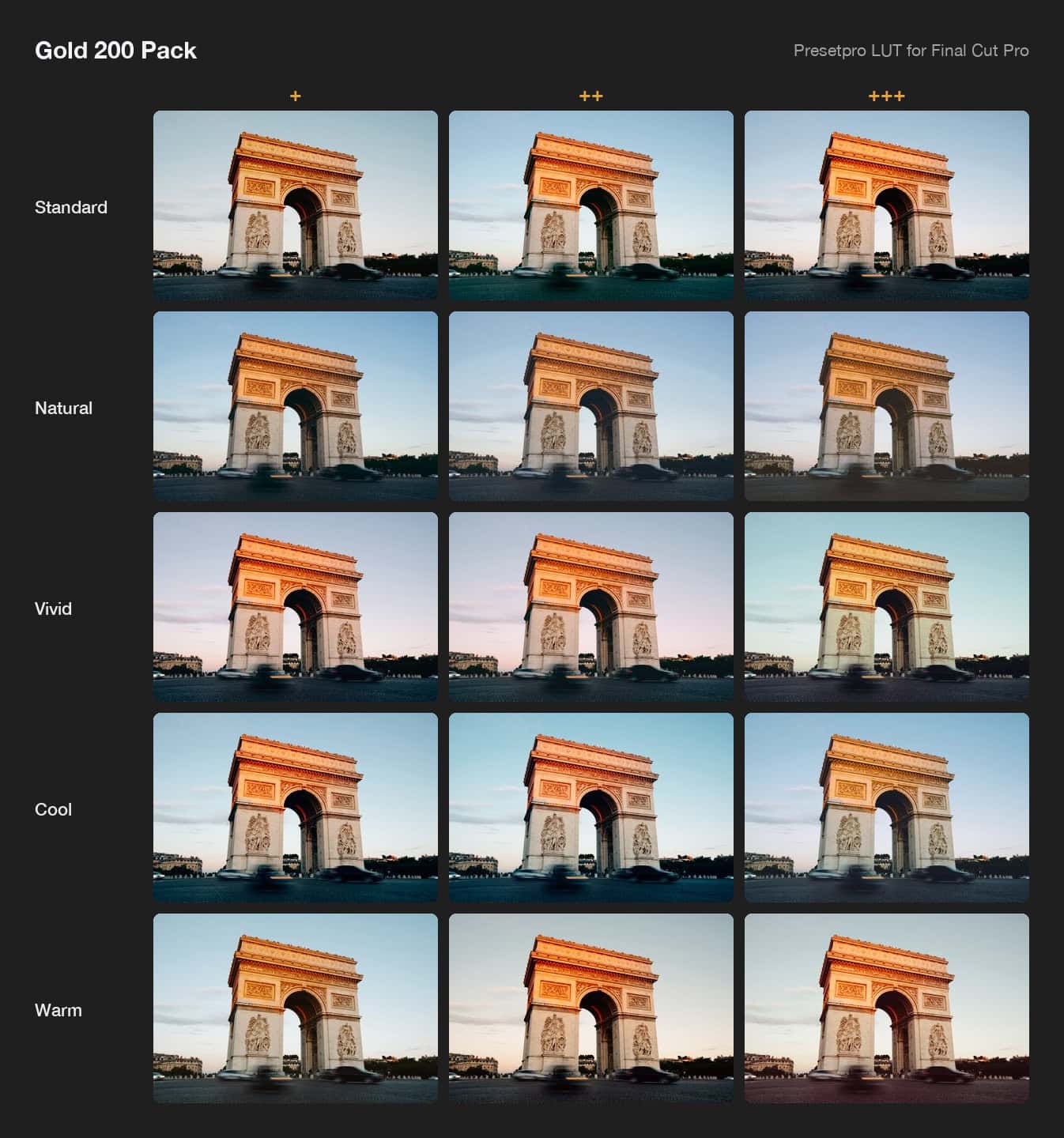 All 15 looks of the Presetpro LUT Gold 200 Pack, inspired by Kodak Gold 200 film, on one photo of the Arc de Triomphe: Standard, Natural, Vivid, Cool and Warm, each in three strengths.