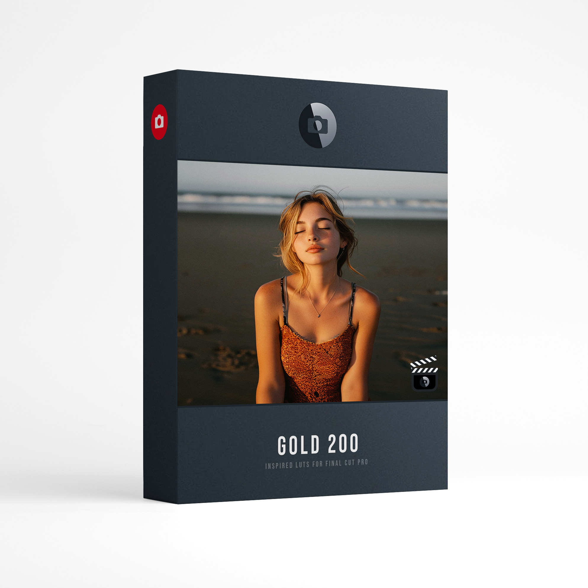 Presetpro LUT Gold 200 Pack product box: a woman with tousled blonde hair and closed eyes, in an orange knit top, on a beach in warm low sunlight above the words Gold 200, inspired LUTs for Final Cut Pro