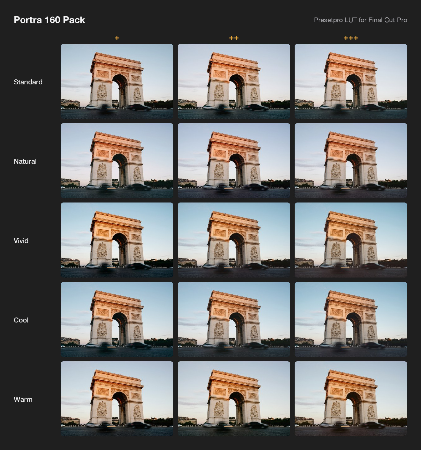 All 15 looks of the Presetpro LUT Portra 160 Pack, inspired by Kodak Portra 160 film, on one photo of the Arc de Triomphe: Standard, Natural, Vivid, Cool and Warm, each in three strengths.